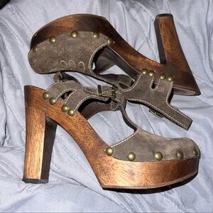 KORS COLLECTION MICHAEL KORS TARA BROWN SUEDE WOODEN HEELED CLOGS//SIZE 7.5